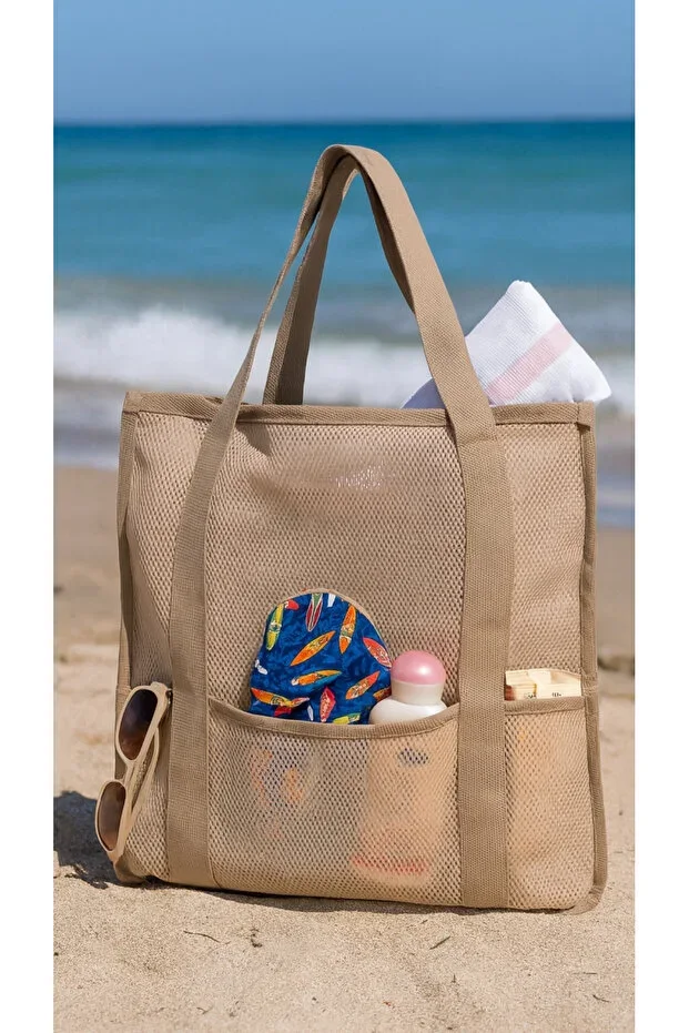 Large Size Sand-Free Cream Color Mesh Beach Bag Model2