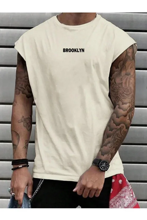 BEJ RENGİ Printed Men's Cotton Training Athletic Tank Top Oversize Sleeveless T-Shirt