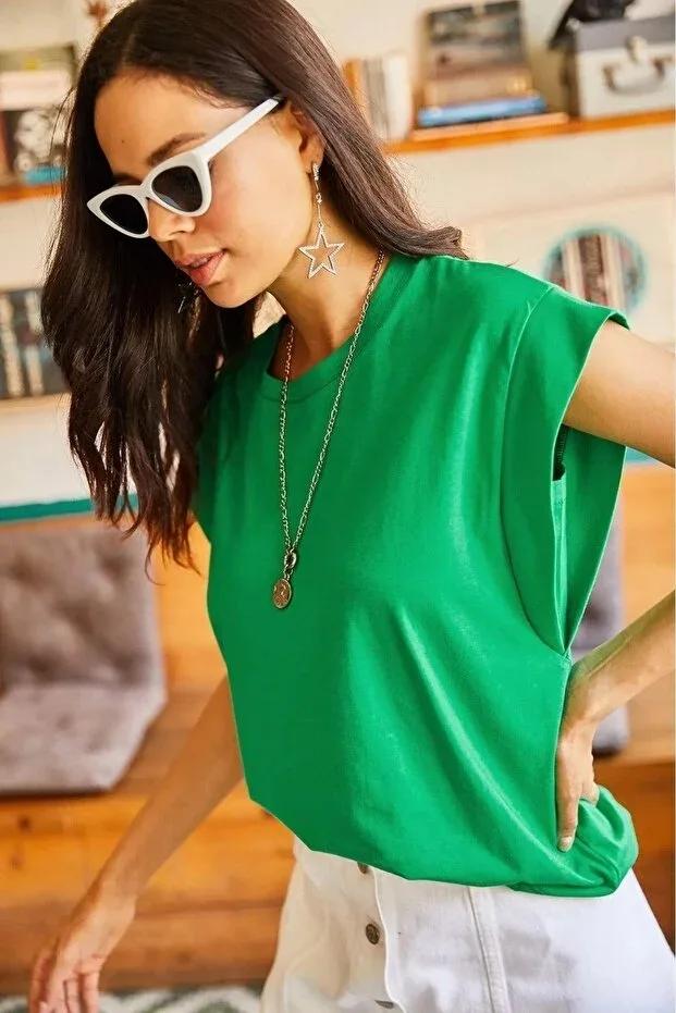 Tight Lady Green 100% Cotton Wadded Look Basic Crew Neck Knit T-Shirt