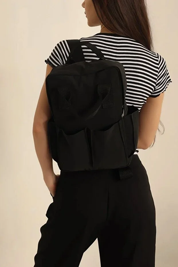 Black Unisex Essential Canvas Fabric Backpack