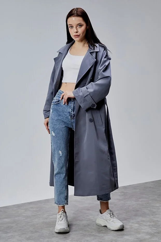 Anthracite Oversize Double-Breasted Windbreaker Detailed Trench Coat 44956