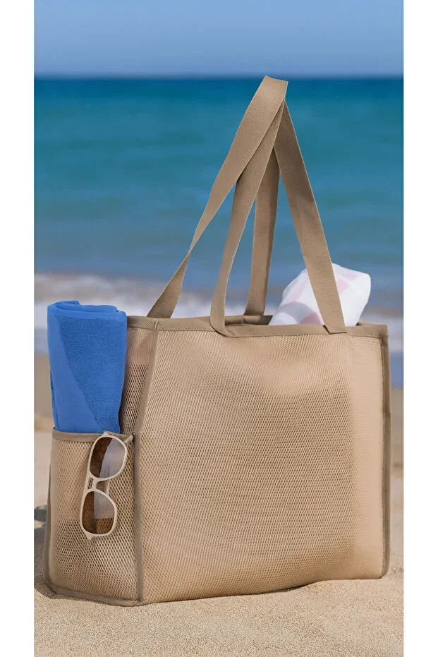 Large Size Sand-Free Cream Color Mesh Beach Bag and Shopping Bag