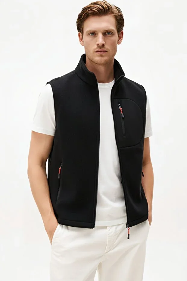 Men's Black Vest Sleeveless 3 Pockets Men's Fleece Daily Standard Comfortable Zippered Fleece Vest Men