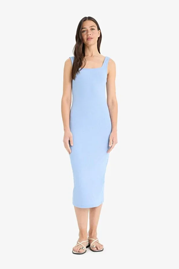 Bodycon Square Neck Ribbed Camisole Midi Summer Dress Z7577AZ25SM