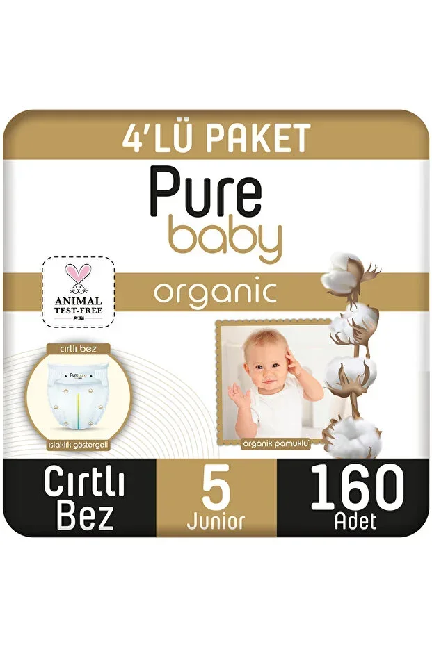 Organic Cotton Hook-and-Loop Diapers 4-Pack Size 5 Junior 160 Pieces