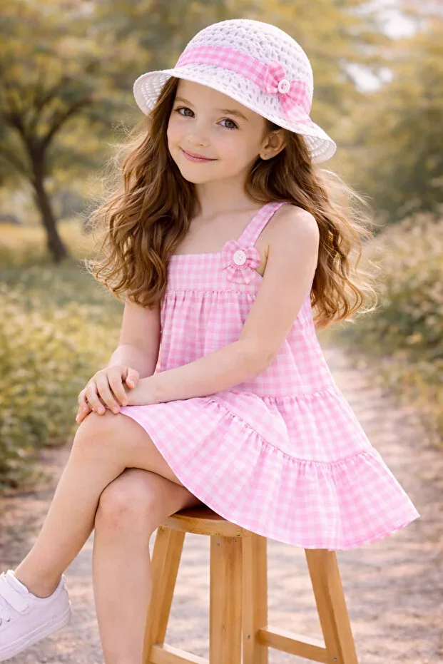 Girls' Plaid Hat Cotton Summer Dress