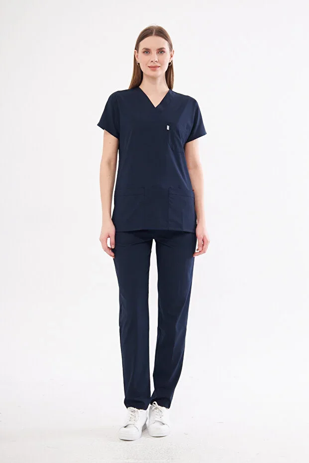 Navy Blue Stretchy Unisex Batwing Sleeve Nurse and Doctor Uniform Set Scrubs Hospital Uniform