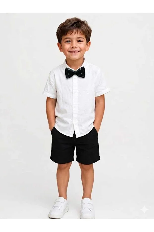 Boys' Short Sleeve Cotton Shirt with Linen Look + Bow Tie