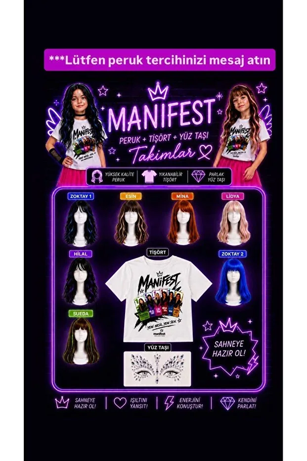 manifest print t-shirt + manifest wig hair + face jewel 3 piece set birthday party