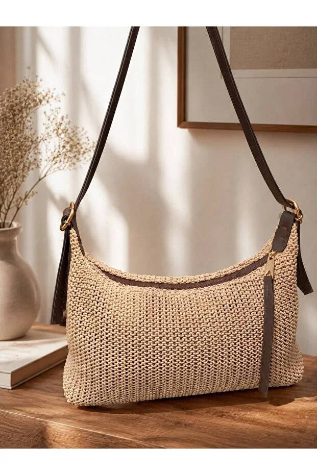 Women's Brown Mesh Braided Leather Handle Shoulder Bag