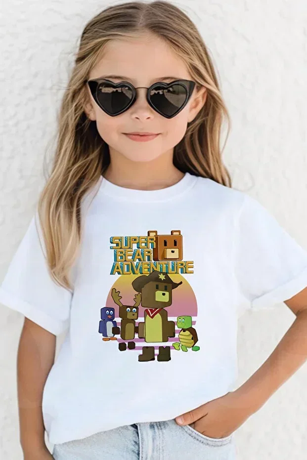 Super Bear Game Character Pattern Print Children's Black and White T-shirt