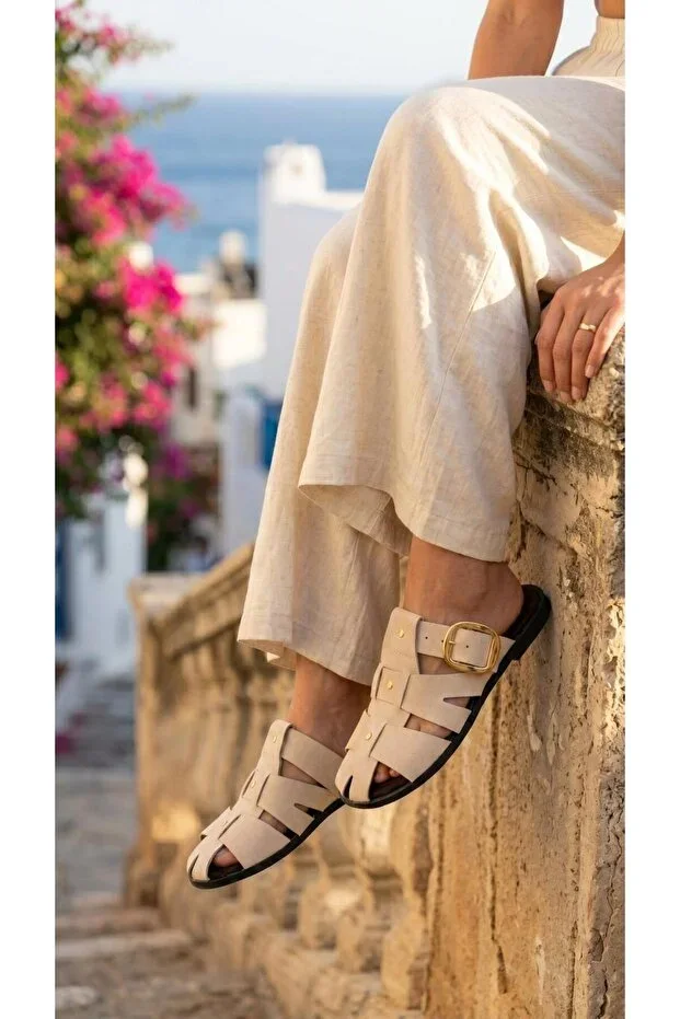 Women's Beige Studded Buckled Cage Model Suede Slippers 1.5cm BYNDSK106