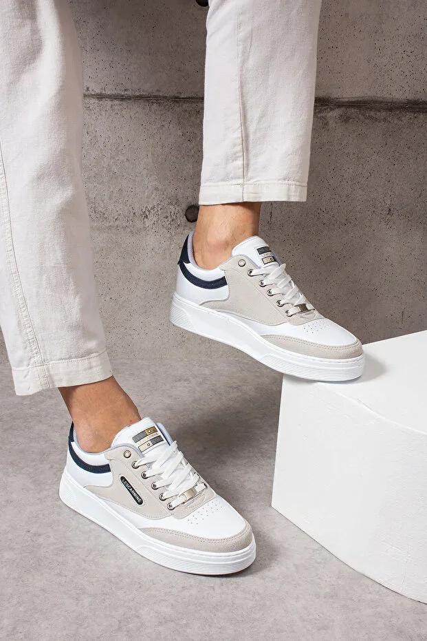 907 White Lace-up Cream Detail White Sole Comfortable Men's Sports Shoes
