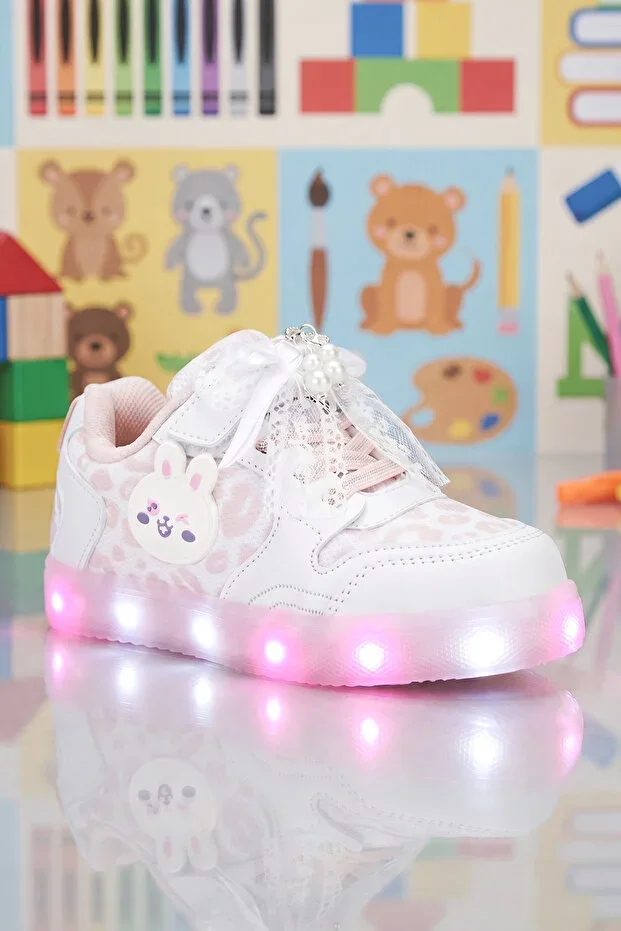 Kids DS Chen Lace Detailed Light-Up Children's Shoes White Powder Sneaker Casual Sports Shoes