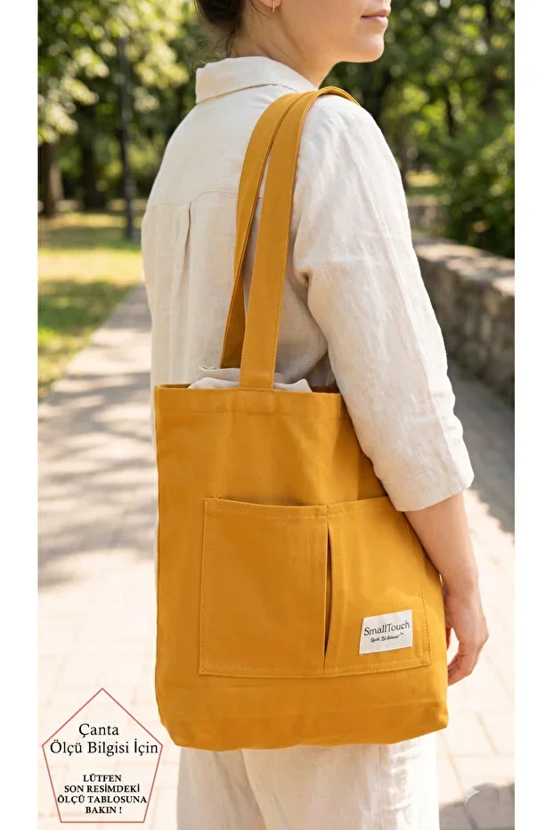 Women's Canvas Velcro Fastening Double Pocket Mustard Fabric Shoulder Bag
