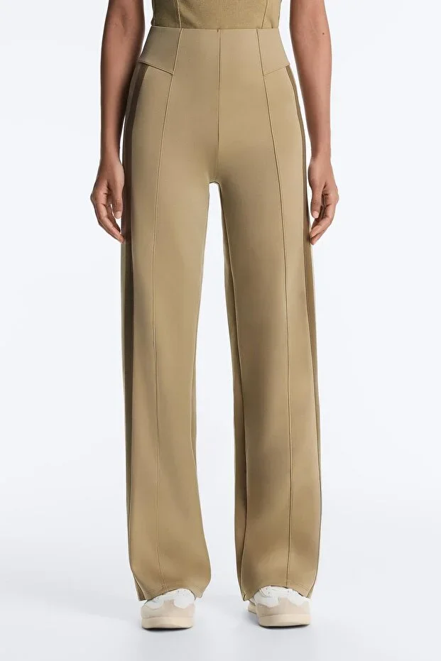 Oysho High rise neoprene effect straight leg trousers with piping detail