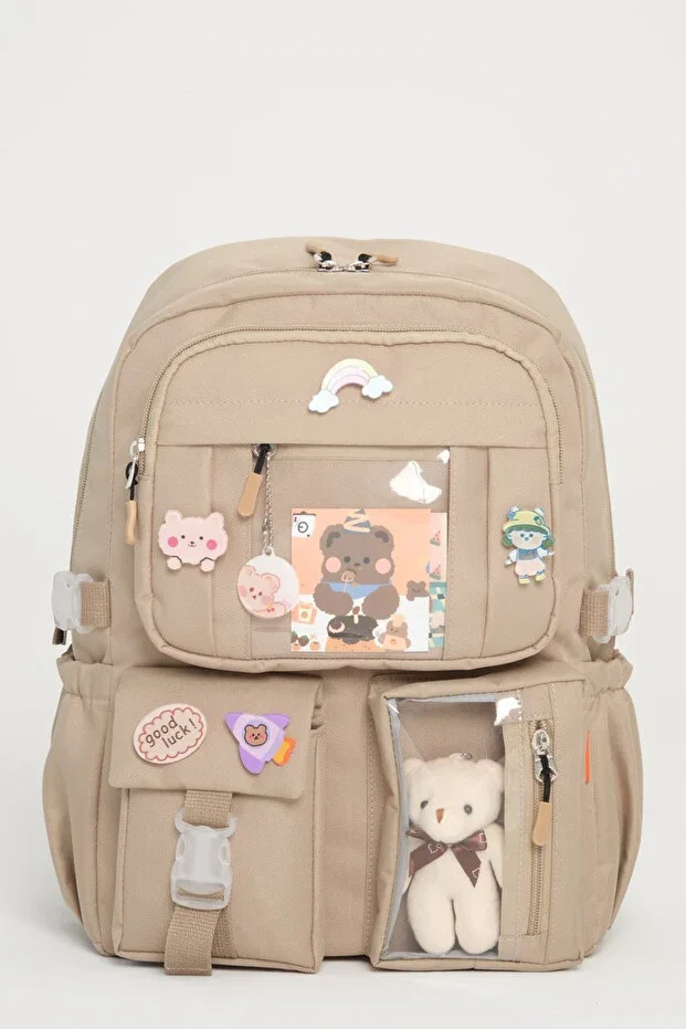Kawaii Korean Style School Bag with Accessory for Girls and Boys BEIGE