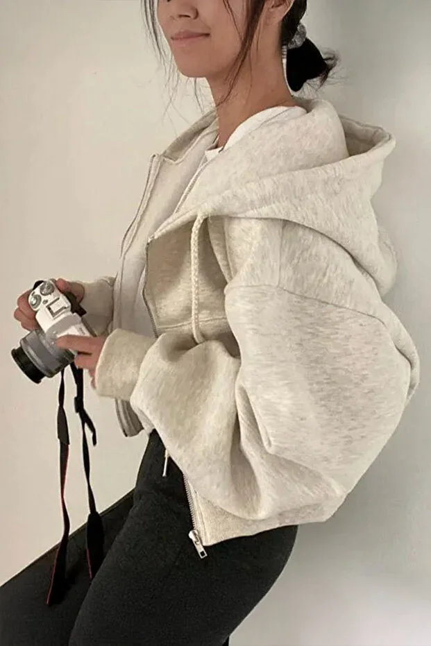 Snow Melange Crop Top Thick Fabric Hooded Crop Cardigan