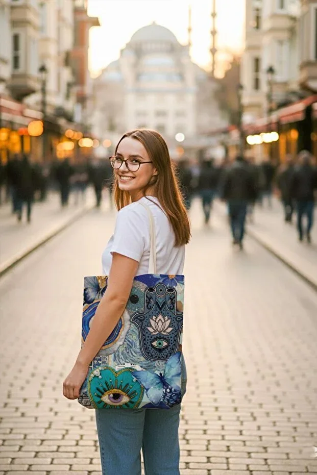 Canvas Full Size Nazar Boncuğu Print Tote Bag