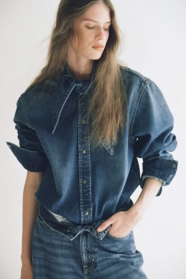 H&M Bow Collar Denim Shirt
