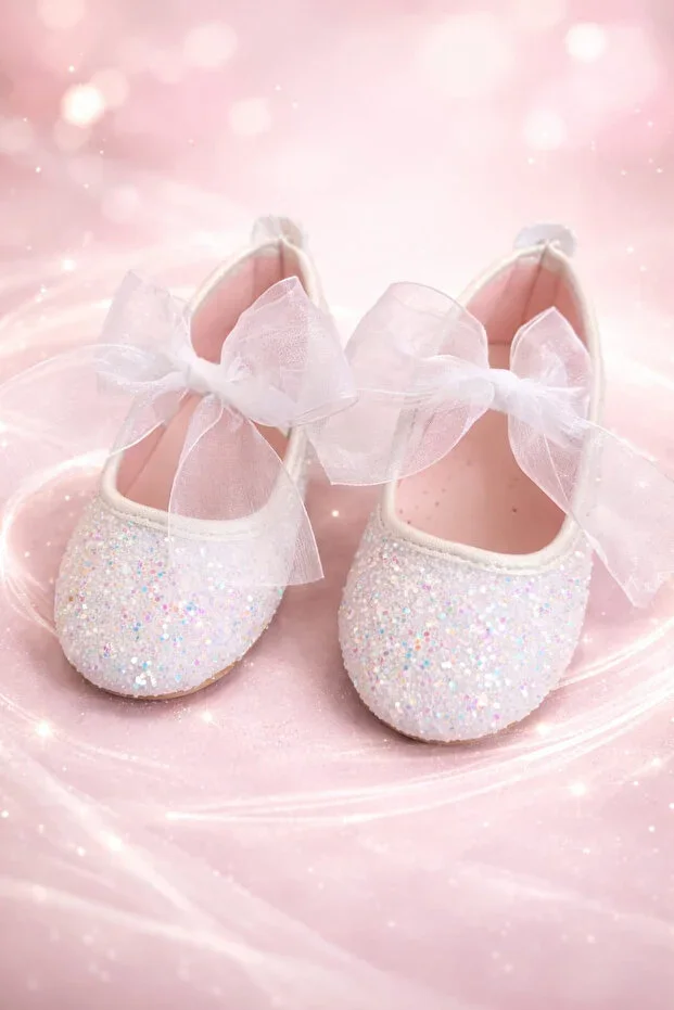 White Sequin Can Live Girls' Ballet Flats