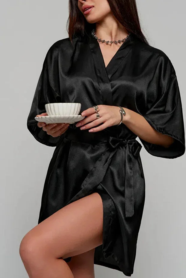 Satin Belted Mini Black Robe-Stylish & comfortable, trousseau, Silky Satin