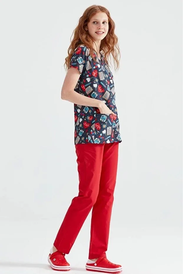 Dark Prescription Pattern Lycra Fabric Surgical Set V-Neck Uniform