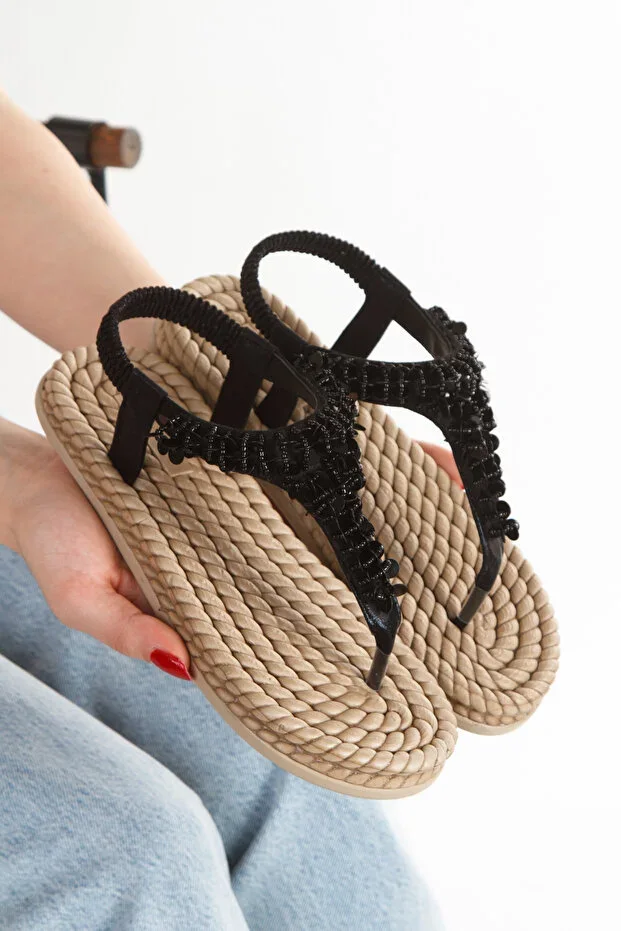 HAYAT SHOES Straw Toe Post Hand-Knitted Sewn Stone Sequin Black Daily Chic Comfortable Women's Sandal