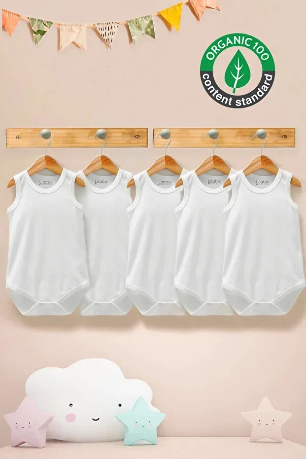 %100 Organic Cotton 5-Piece White Undershirt Baby Bodysuit