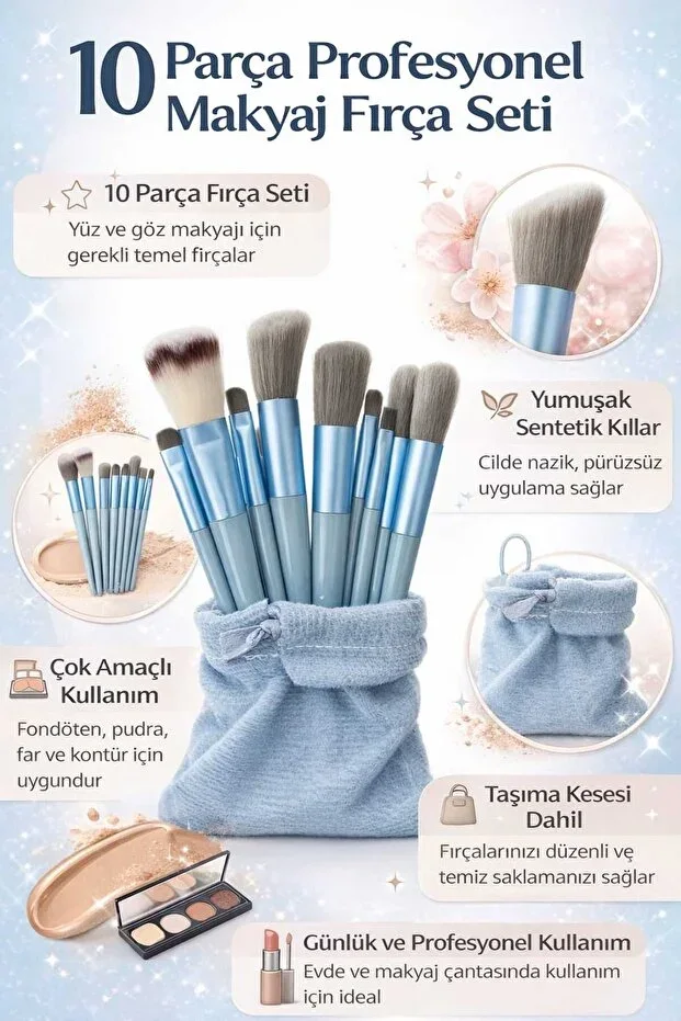 Torbalı BLUE Makeup Brush Set - 10 brushes set