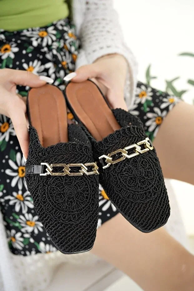 Women's Closed Front Straw Slipper Black Lace Knit Chain Bridal Daily Slipper