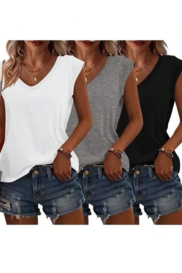 mercoledi Women's 3 Color V-Neck Sleeveless Oversize Loose Boyfriend T-shirt Set