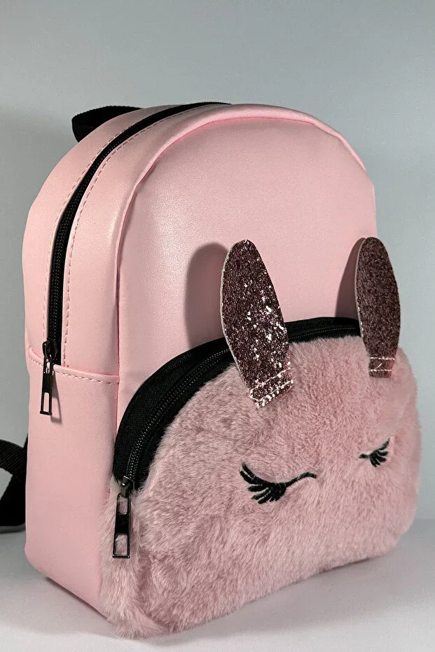 Girls Pink Plush Eared Backpack - Kindergarten and Primary School Bag Cute Mini School Bag
