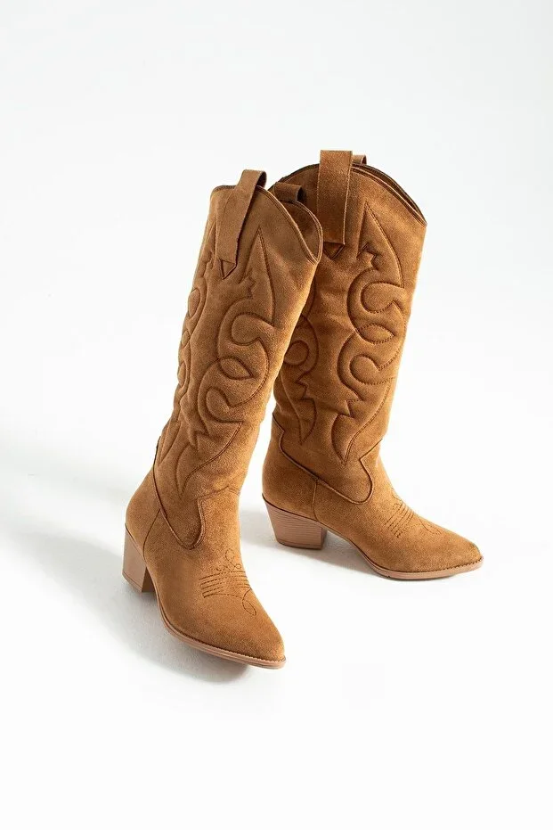Women's Pointed Toe Heeled Boots Western - Tan
