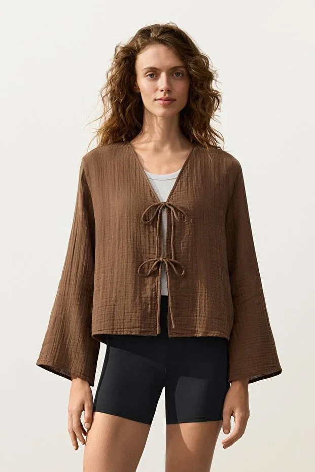 Oysho 100% Cotton Long-Sleeved Shirt with Laces