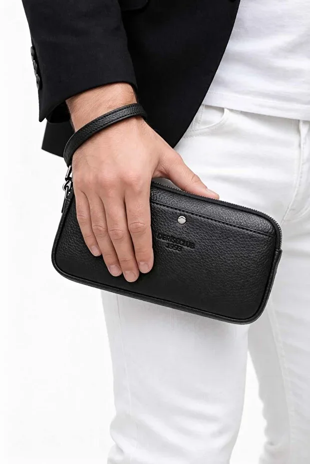 Men's Black Two Compartment Luxury Hand and Wristband Wallet Bag