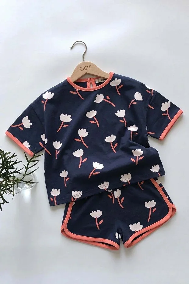 Printed Oversize Shorts Set 1-7 Years Navy Blue