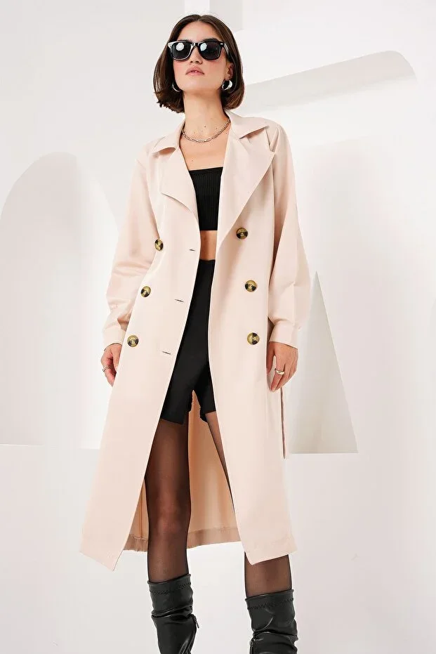 5853 Crossover Collar Trench Coat - Beige