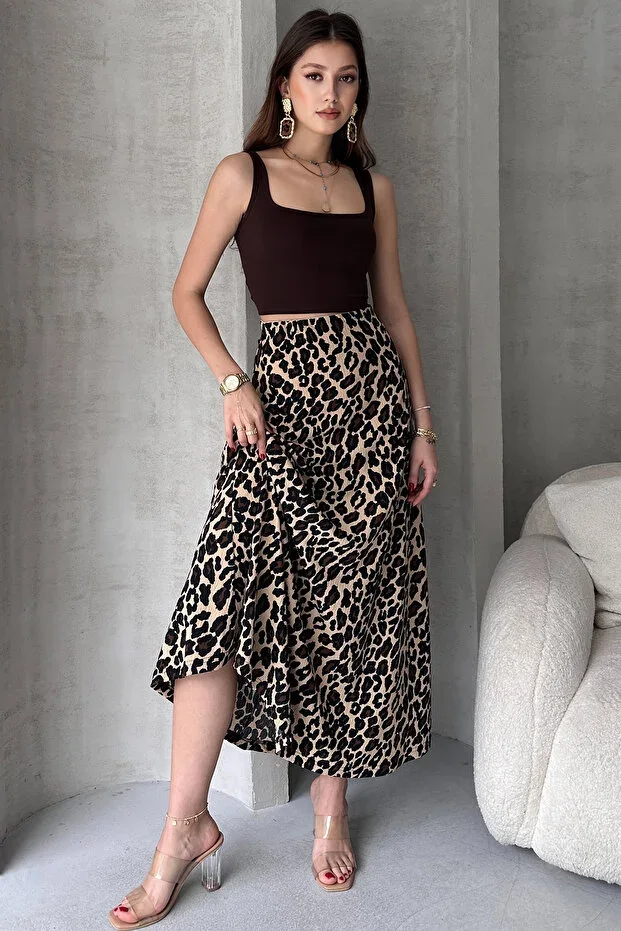 Genel Markalar Leopard Patterned Long Crinkle Flared Skirt