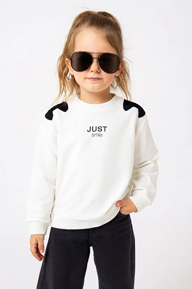Girls 100% Cotton Ecru Sweatshirt with Bow Detail - Comfortable Girls' Clothing