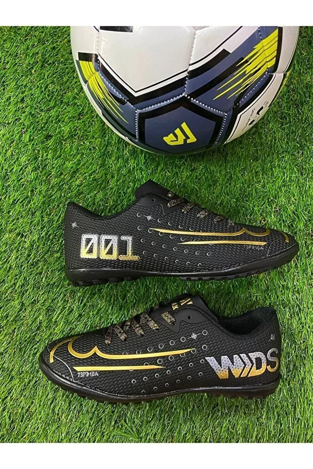 Children Teen Adult Men's Black Gold Laced Turf Football Shoes