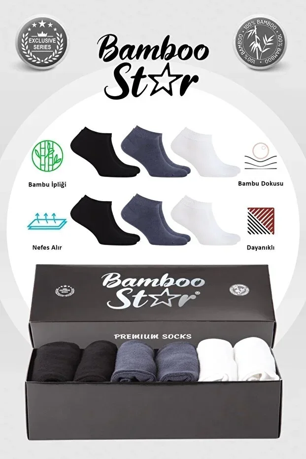 Bambu Star Men's Low Cut Socks Assorted Plain Seamless Socks Premium Boxed 6 Pairs (2 White - 2 Black - 2 Grey)