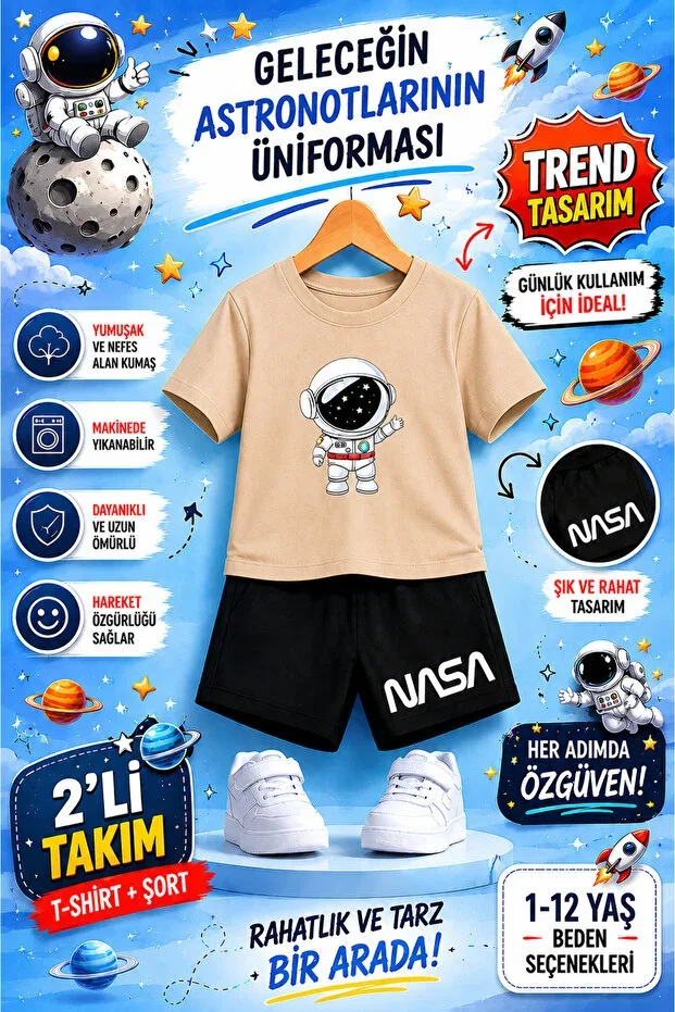 NASA Astronaut Themed Children's Set – Uniform for Future Astronauts | 2-Piece T-Shirt & Shorts Set