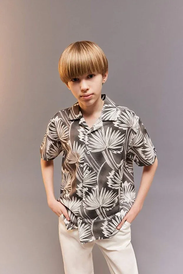 DeFacto %100 Cotton Oversize Wide Fit Polo Neck Printed Short Sleeve Shirt Boys D7771A825SM