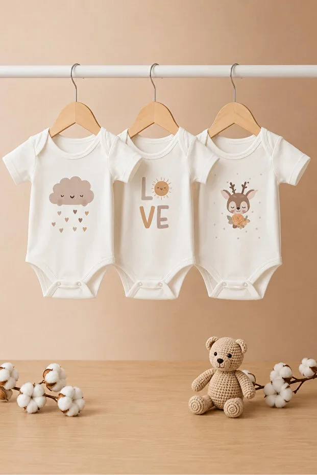 3-Piece Deer Organic Print Baby Bodysuit Set Short Sleeve Snap %100 Cotton