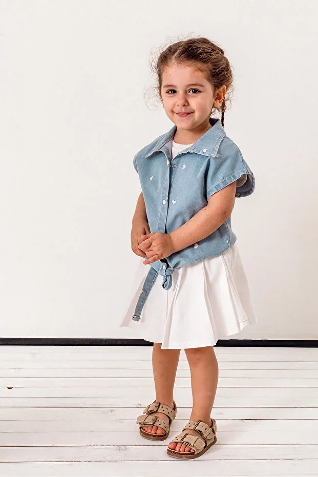 Heart Embroidery Detailed Denim Vest Skirt Set 3-Piece Girls' Set 3705