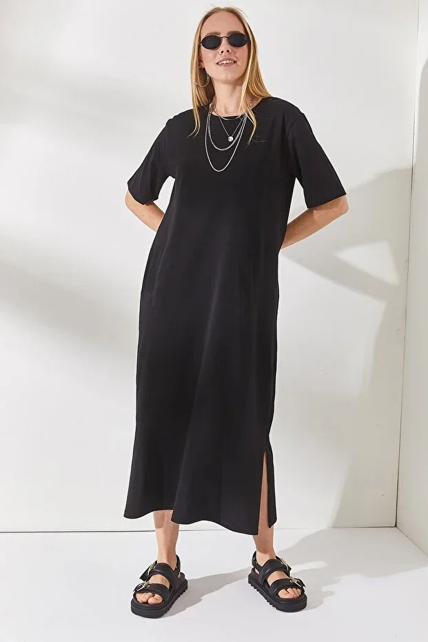Olalook Women Black Side Slit Oversize Cotton Dress ELB-19001880