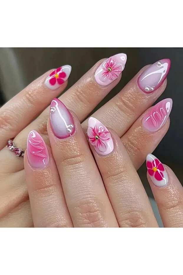 24 pcs Pink Ombre Stone Embellished Embossed Floral Medium Long Almond Gel Prosthetic False Nails