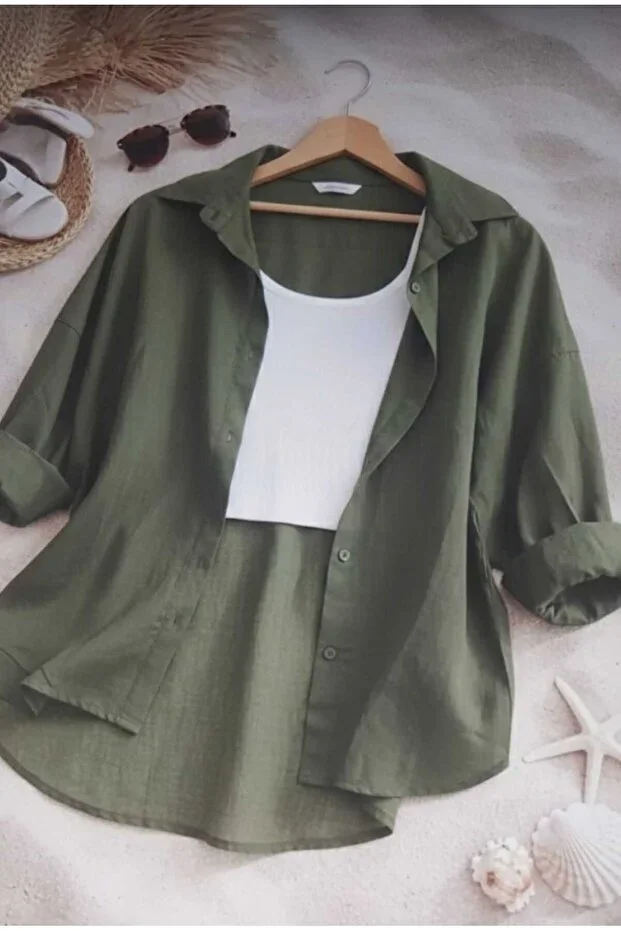 blackbonds Women's Military Green Linen Shirt Summer Oversize Shirt New Season
