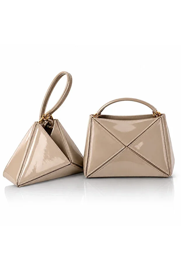 Women's SPECIAL DESIGN Patent Leather and Suede Detailed Daily and Special Occasion Bag in Beige with Three Different Looks